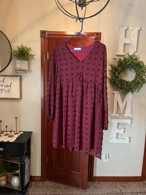 Textured Plum V-Neck Babydoll Dress